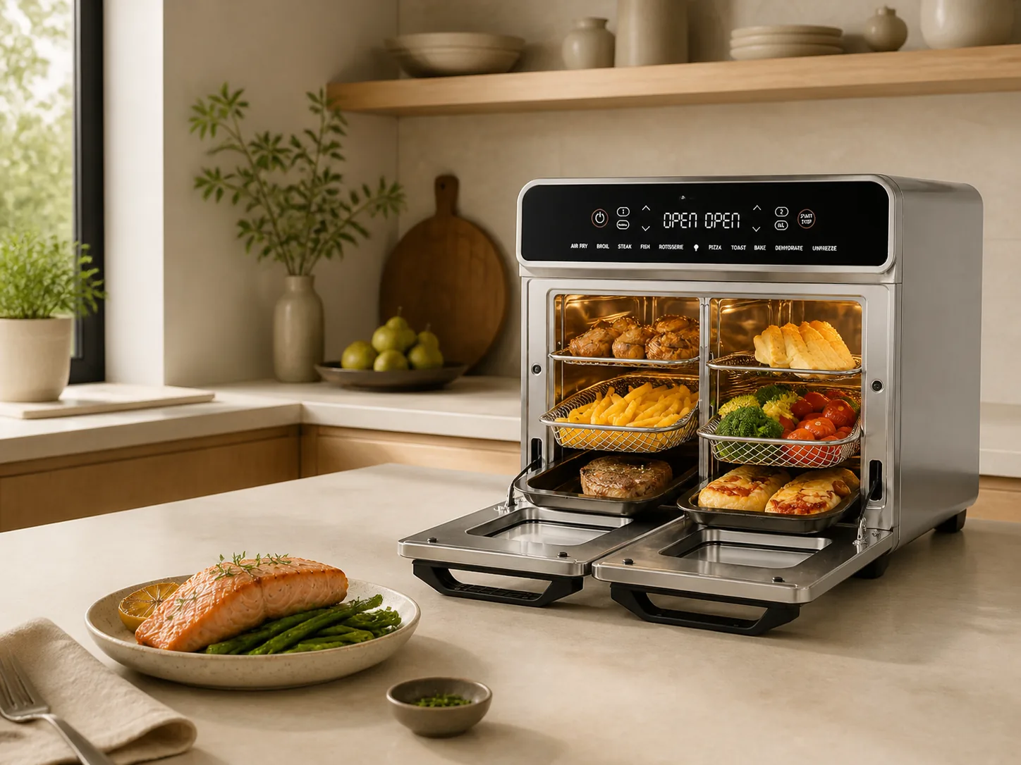 Dual basket air fryer in a warm modern kitchen